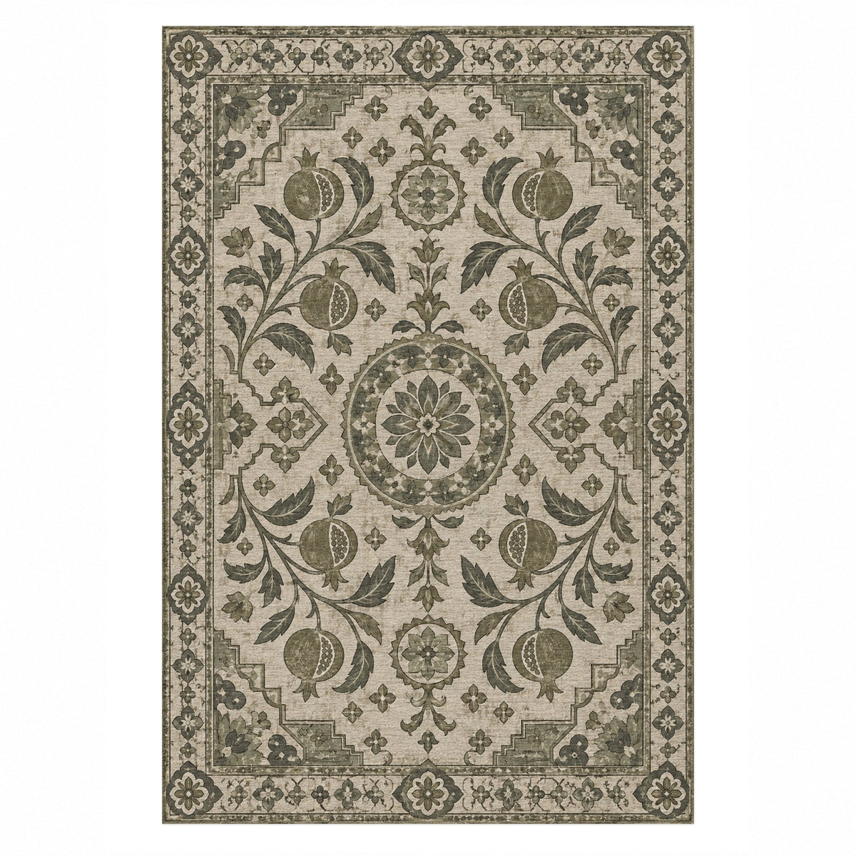 Samarkand Pomegranates Sage Stone Classic Washable Rug — top view