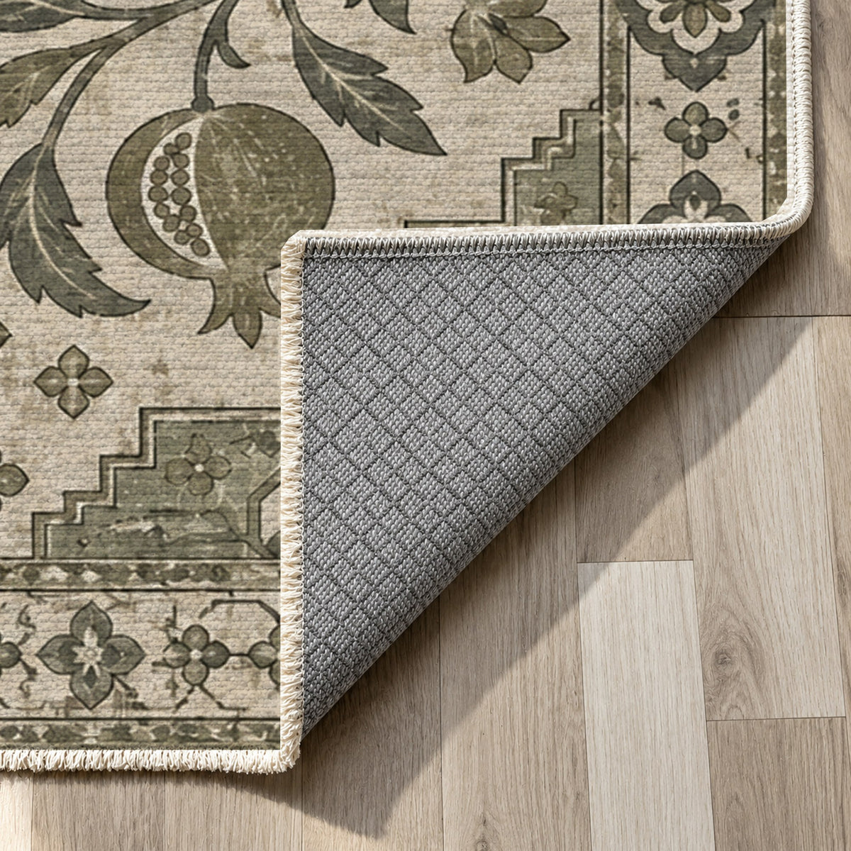 Samarkand Pomegranates Sage Stone Classic Washable Rug — backing close up