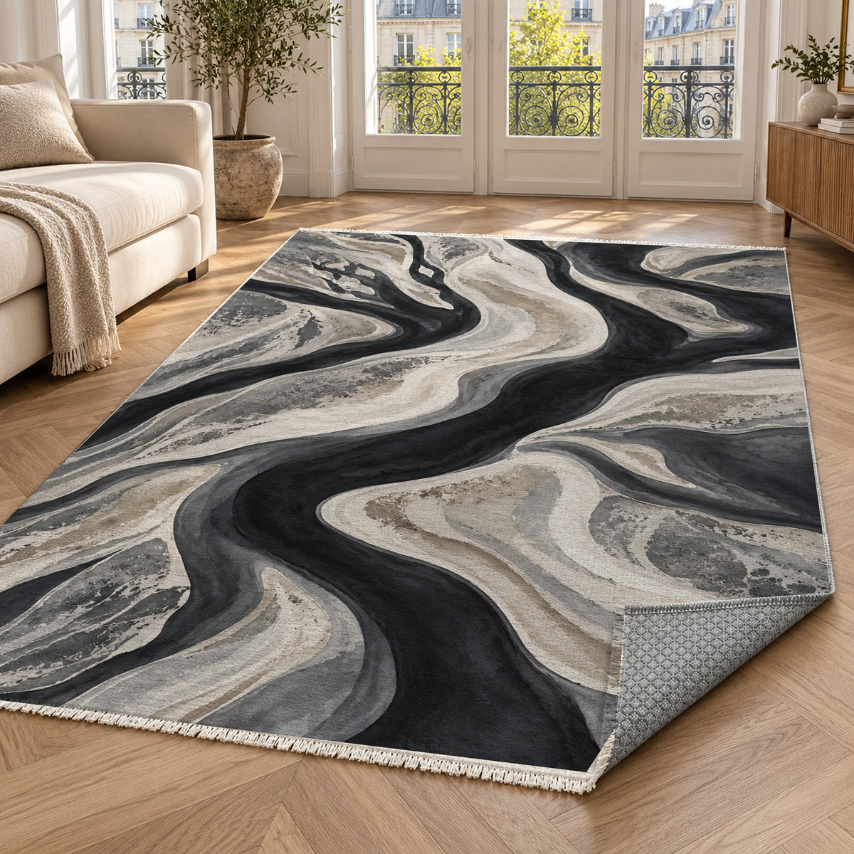 Sandbar Ribbons Charcoal Abstract Washable Rug — paris living