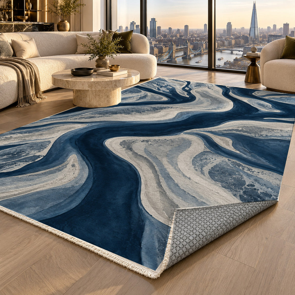 Sandbar Ribbons Indigo Abstract Washable Rug — london luxury living