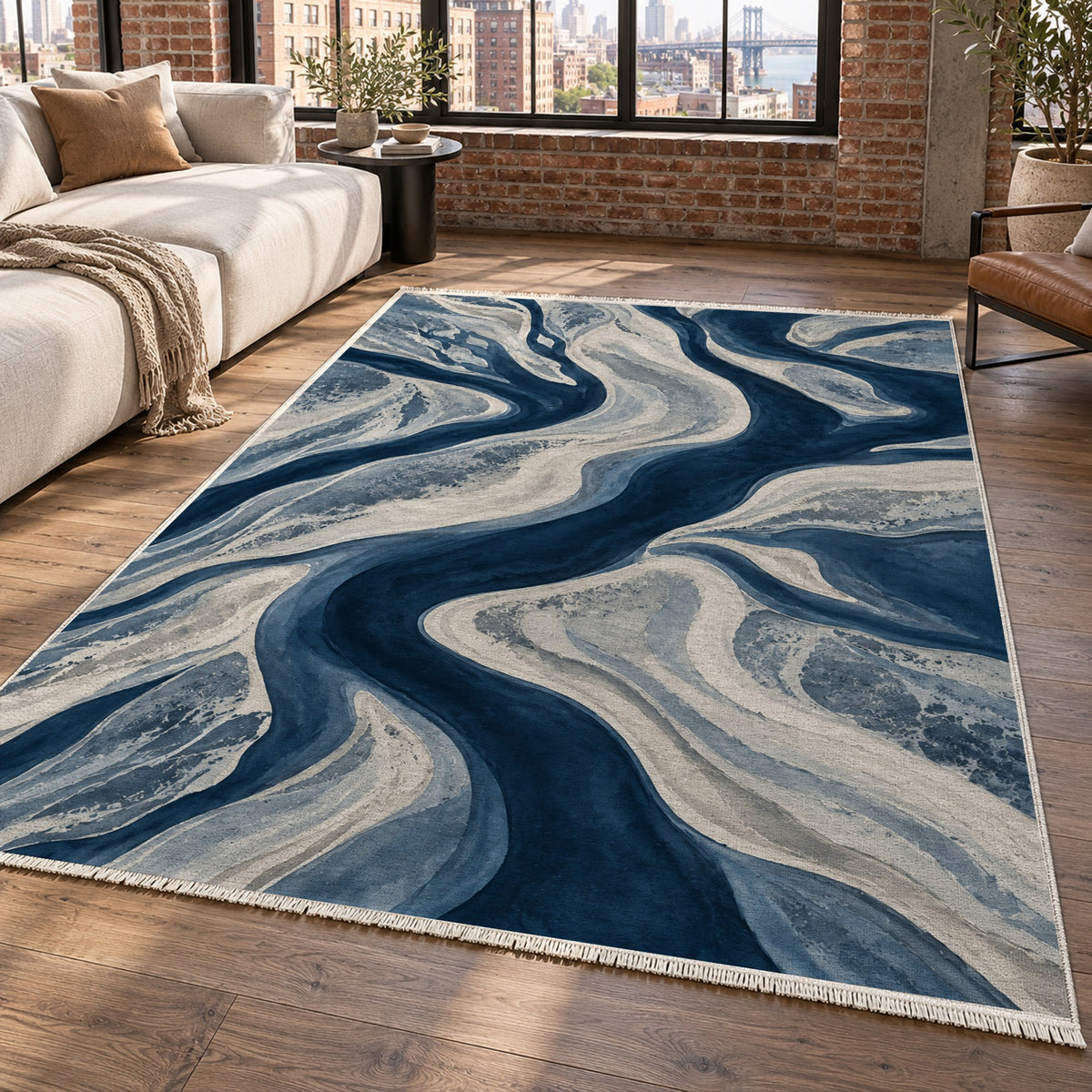 Sandbar Ribbons Indigo Abstract Washable Rug — new york living