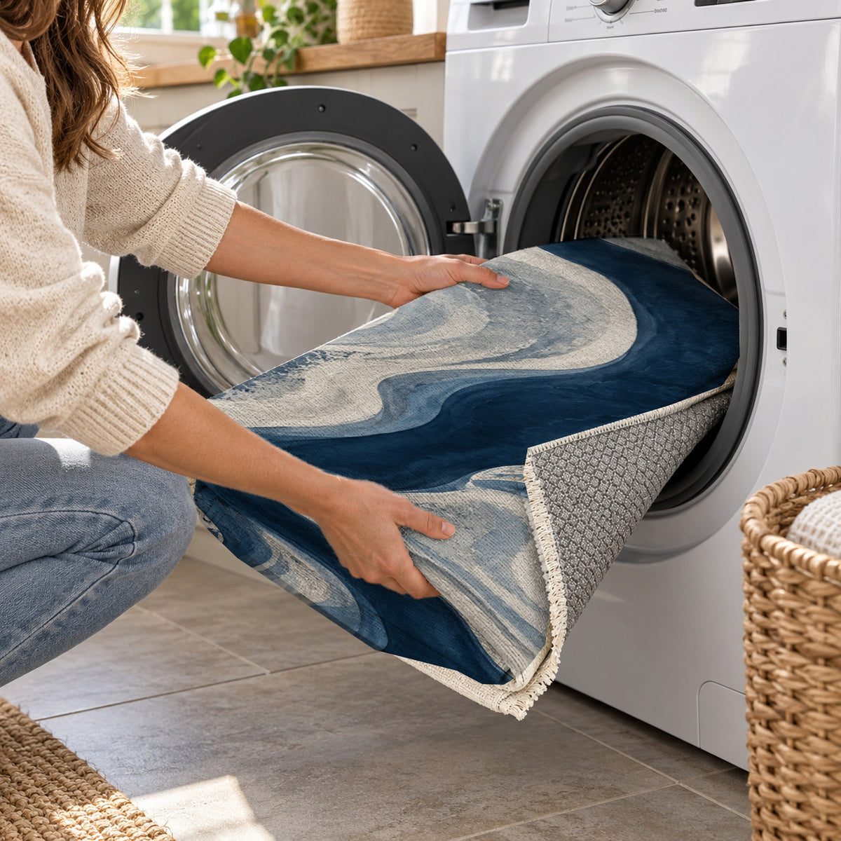 Sandbar Ribbons Indigo Abstract Washable Rug — washing machine