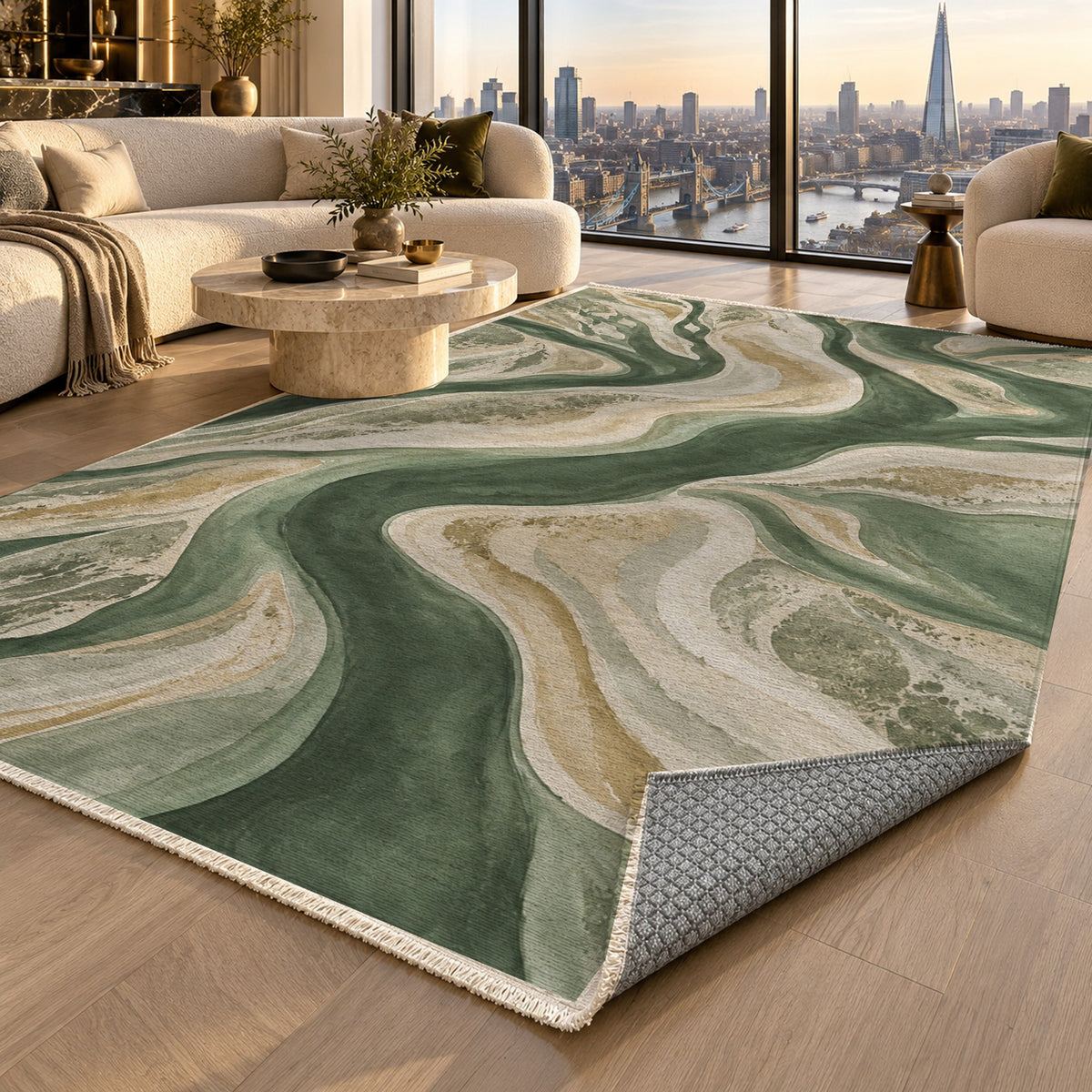 Sandbar Ribbons Sage Abstract Washable Rug — london luxury living