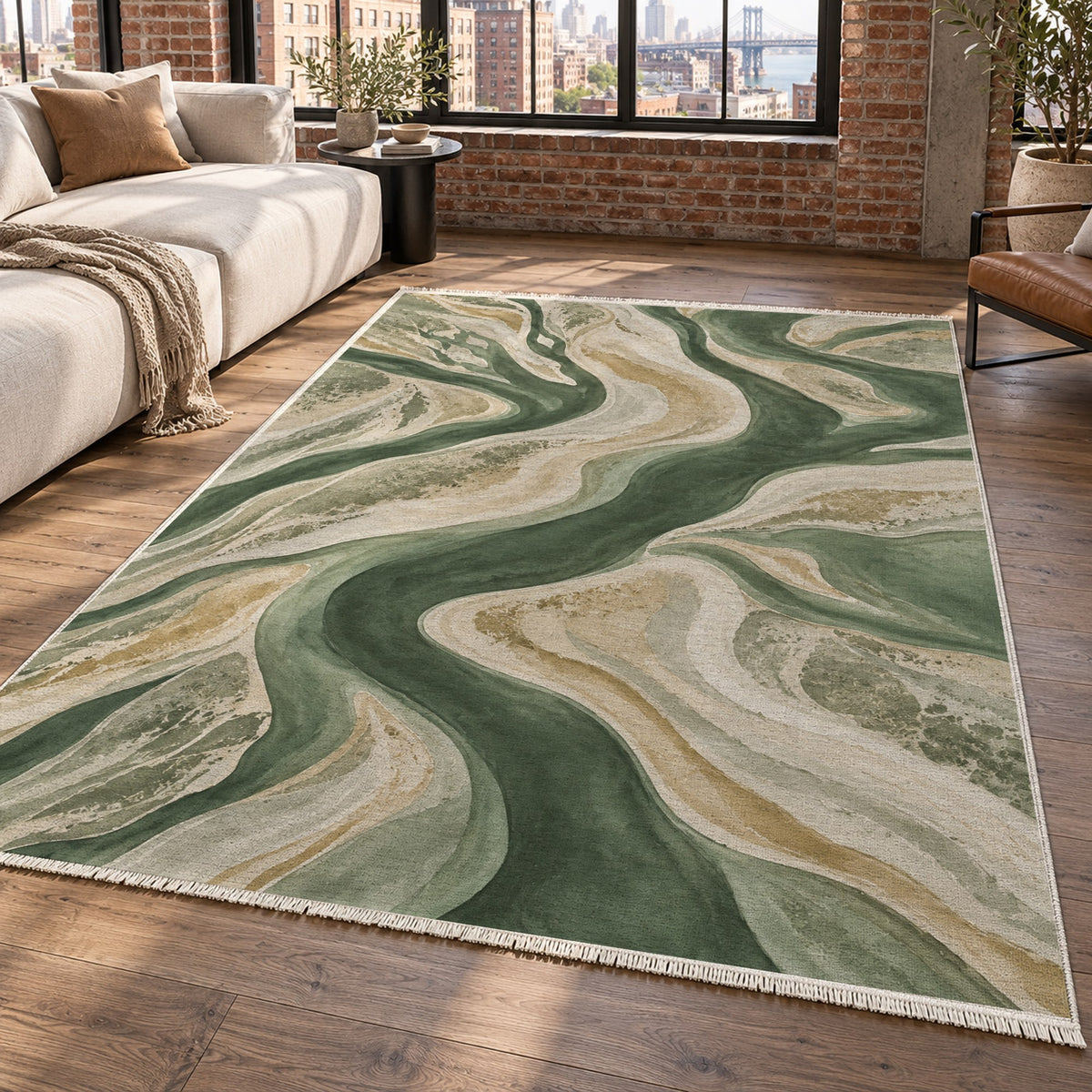 Sandbar Ribbons Sage Abstract Washable Rug — new york living