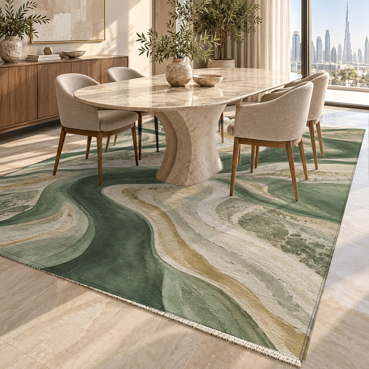 Sandbar Ribbons Sage Abstract Washable Rug — dubai dining