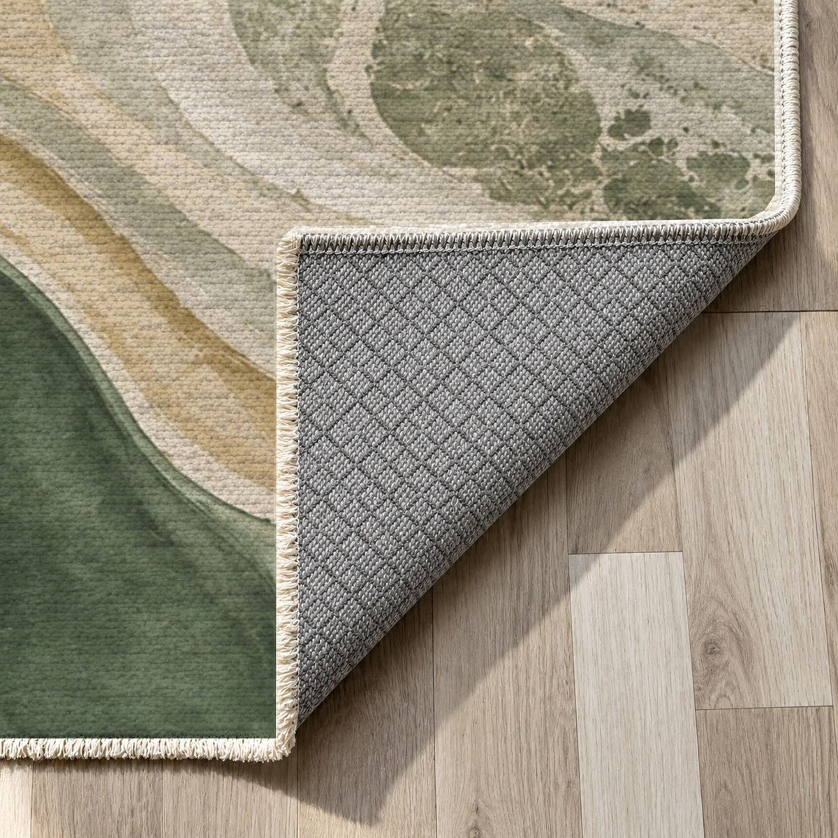 Sandbar Ribbons Sage Abstract Washable Rug — backing close up