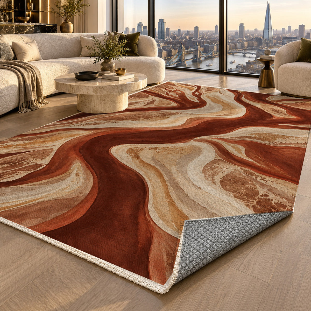 Sandbar Ribbons Terracotta Abstract Washable Rug — london luxury living