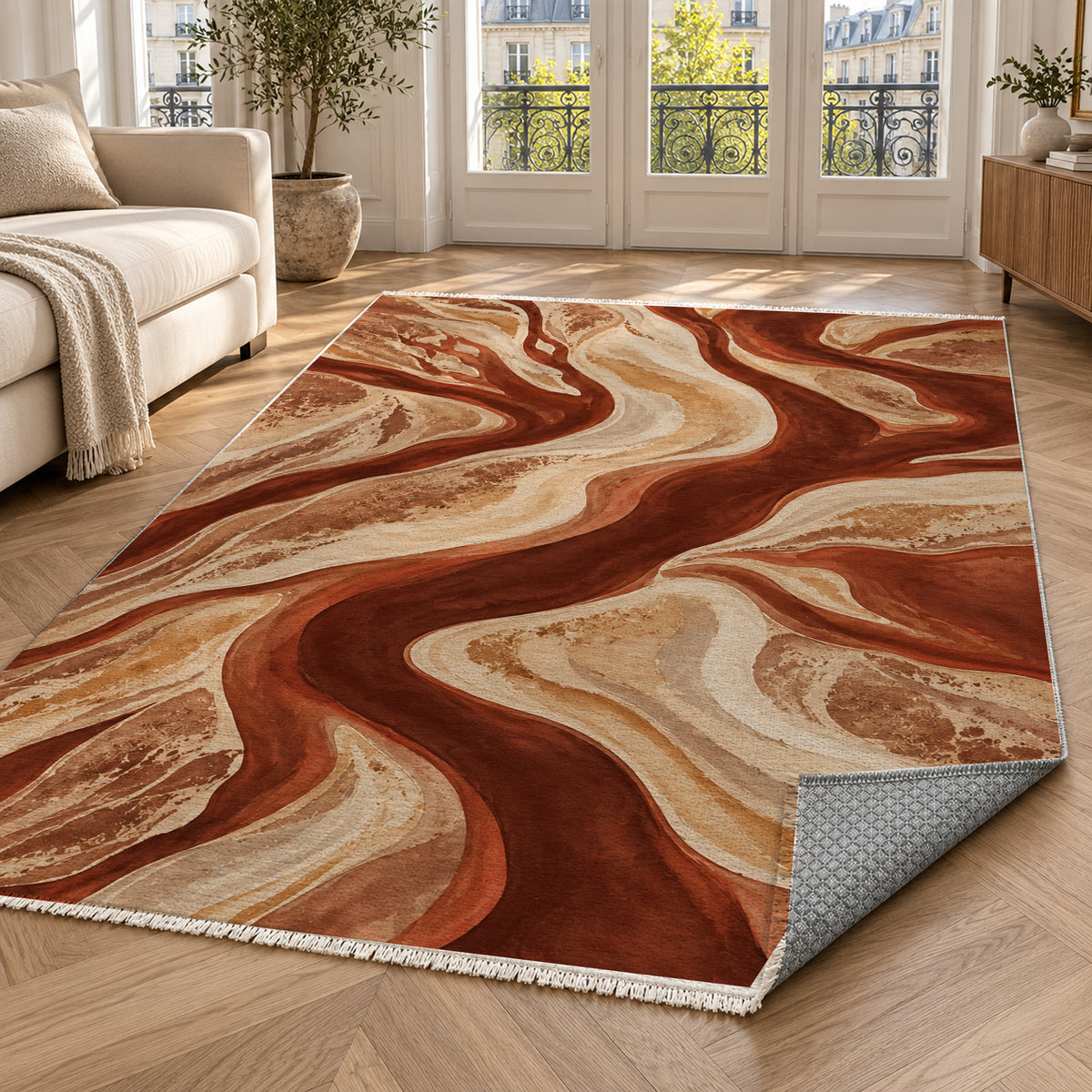 Sandbar Ribbons Terracotta Abstract Washable Rug — paris living