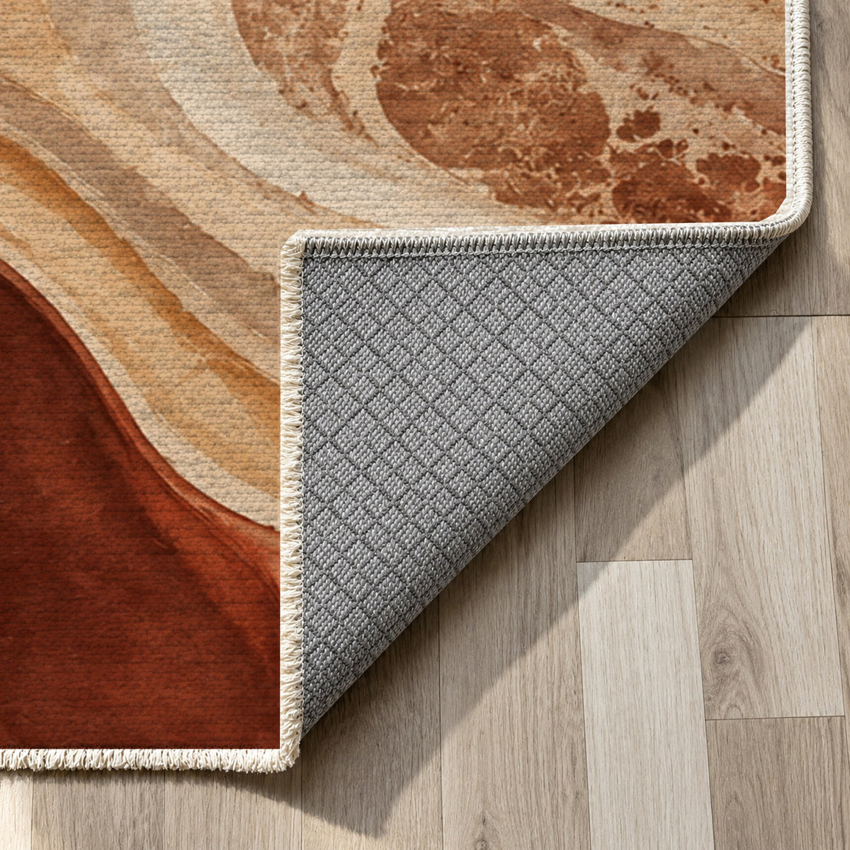 Sandbar Ribbons Terracotta Abstract Washable Rug — backing close up