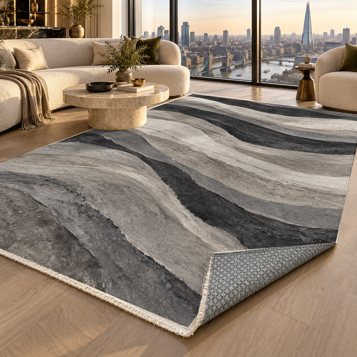 Sandstone Bands Charcoal Abstract Washable Rug — london luxury living