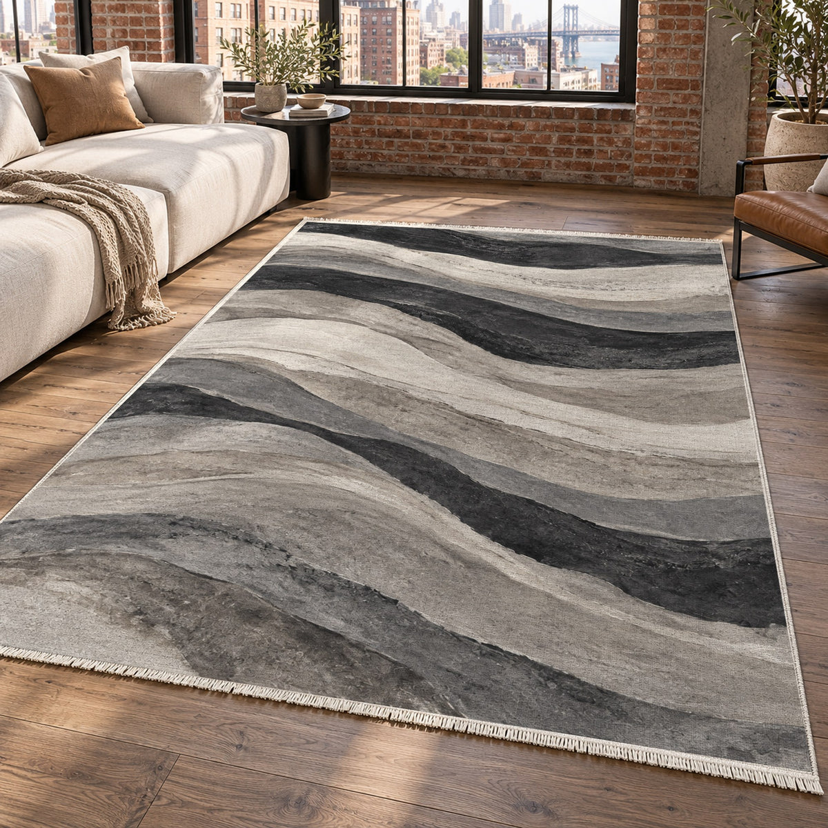 Sandstone Bands Charcoal Abstract Washable Rug — new york living