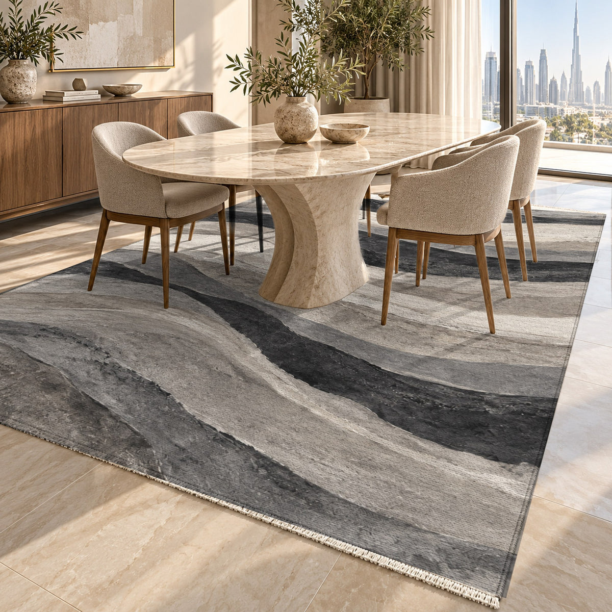 Sandstone Bands Charcoal Abstract Washable Rug — dubai dining