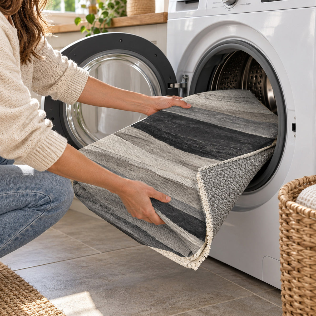 Sandstone Bands Charcoal Abstract Washable Rug — washing machine