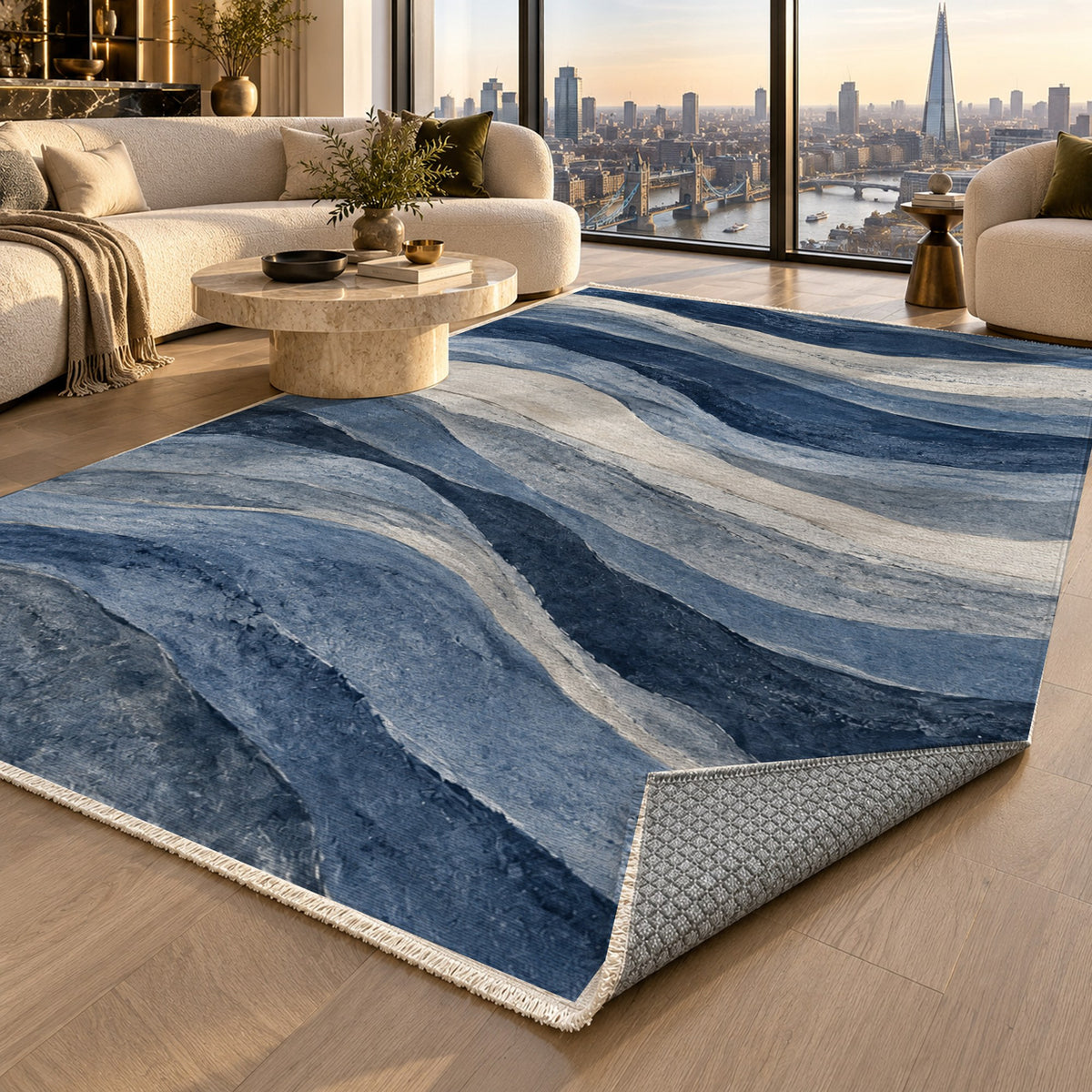 Sandstone Bands Indigo Abstract Washable Rug — london luxury living