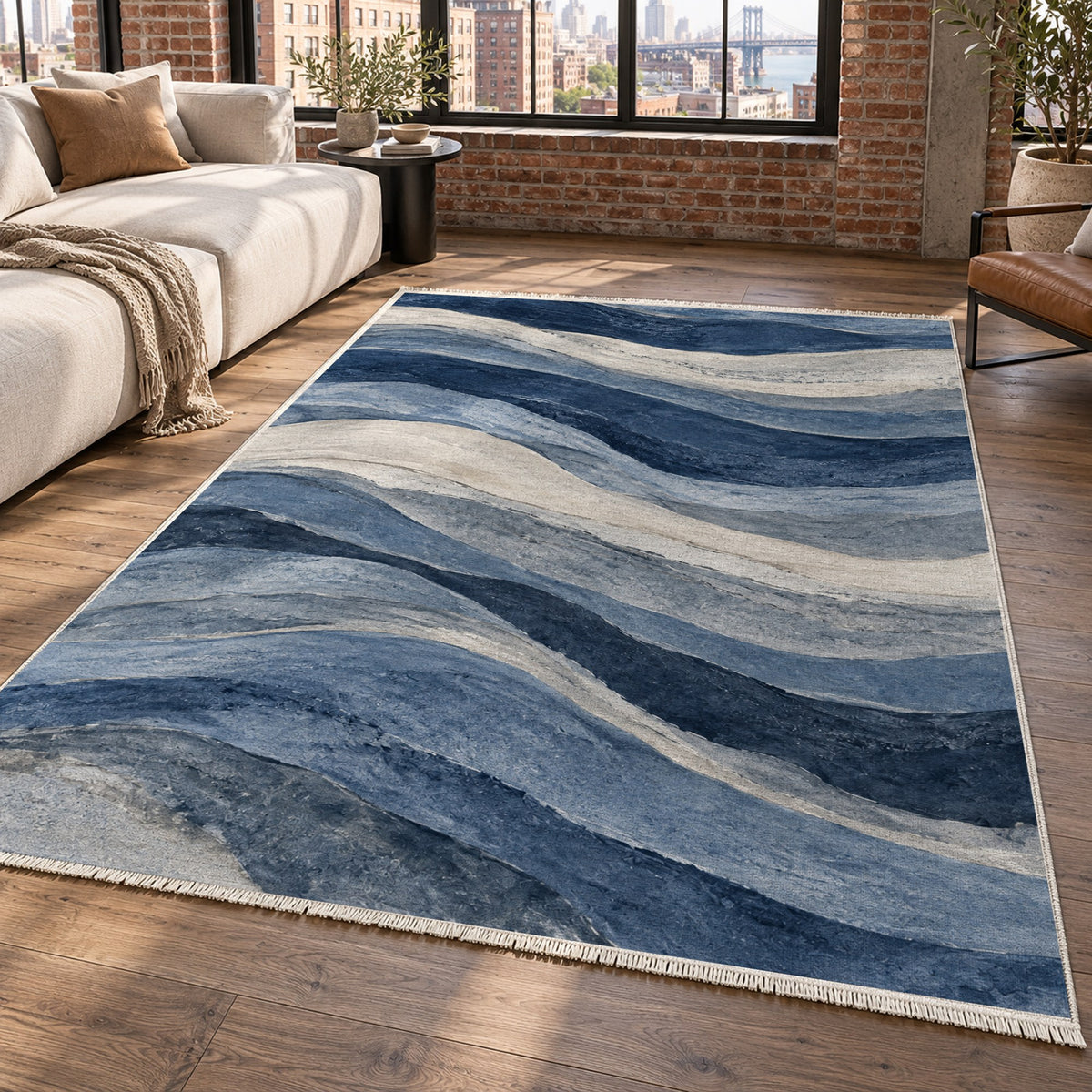 Sandstone Bands Indigo Abstract Washable Rug — new york living