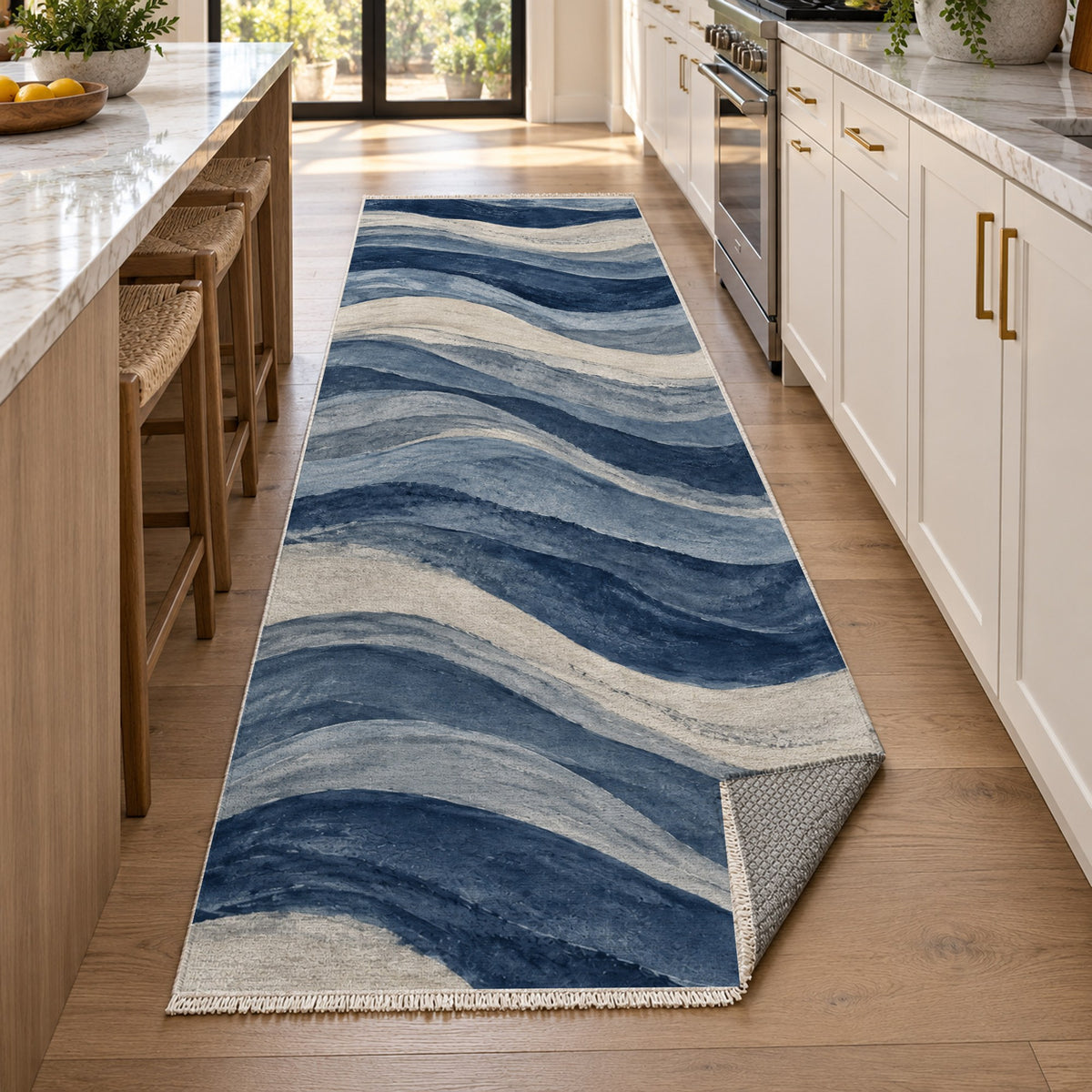 Sandstone Bands Indigo Abstract Washable Rug — new york kitchen runner