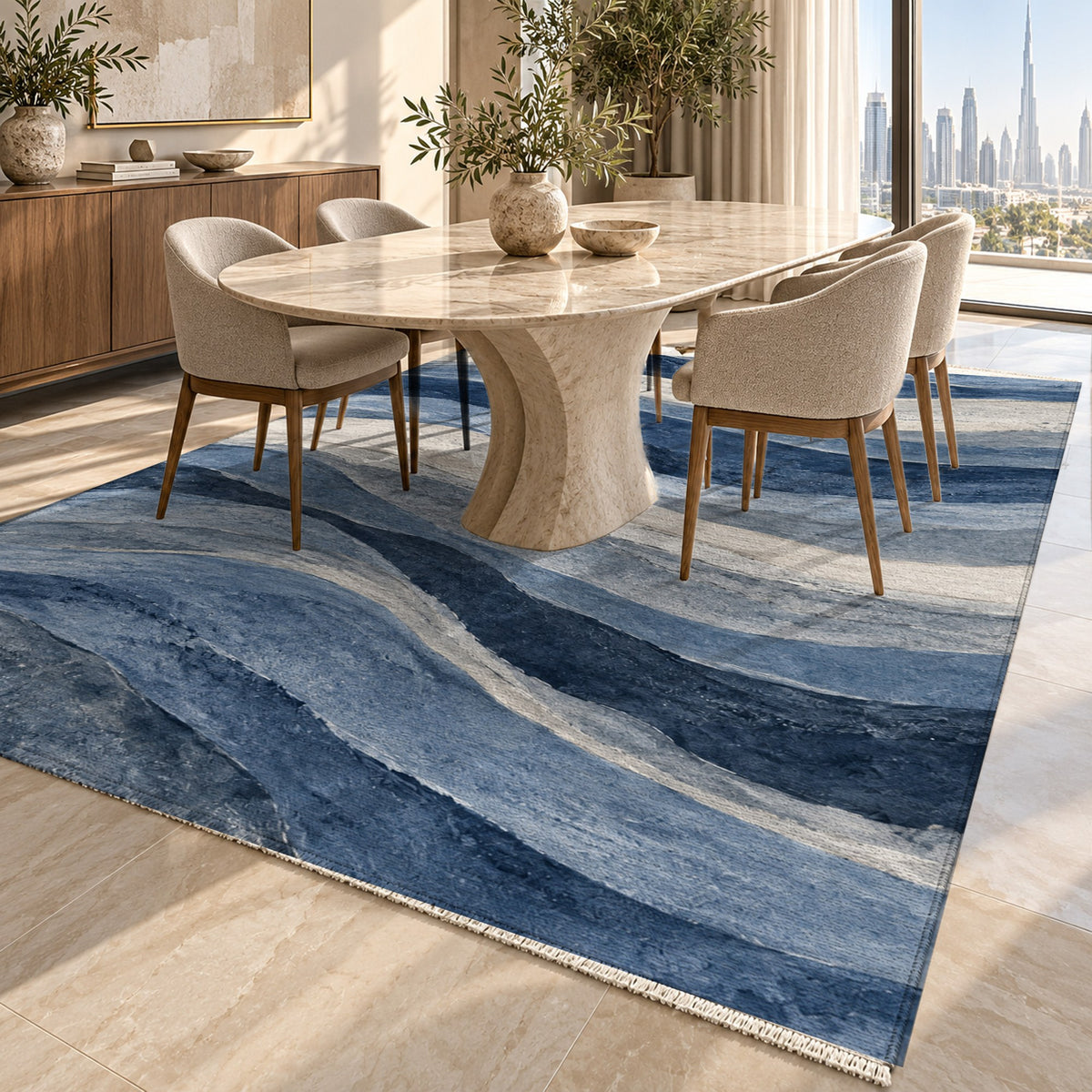 Sandstone Bands Indigo Abstract Washable Rug — dubai dining