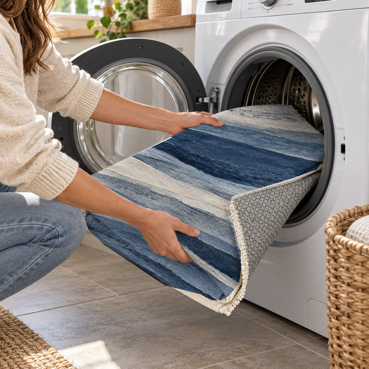 Sandstone Bands Indigo Abstract Washable Rug — washing machine