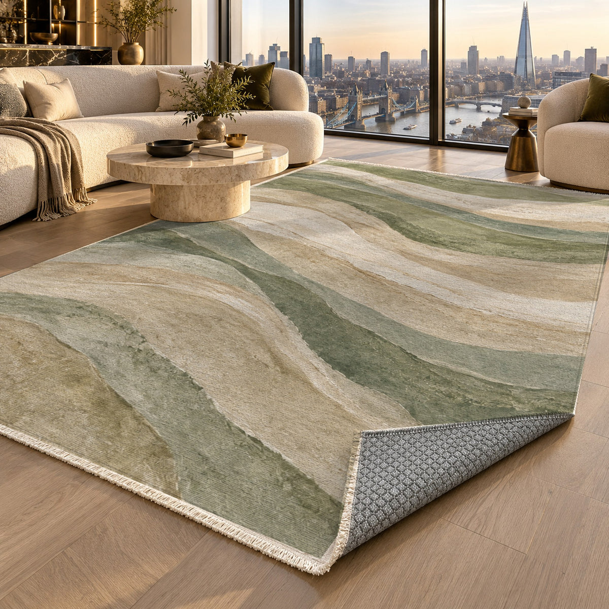 Sandstone Bands Sage Abstract Washable Rug — london luxury living
