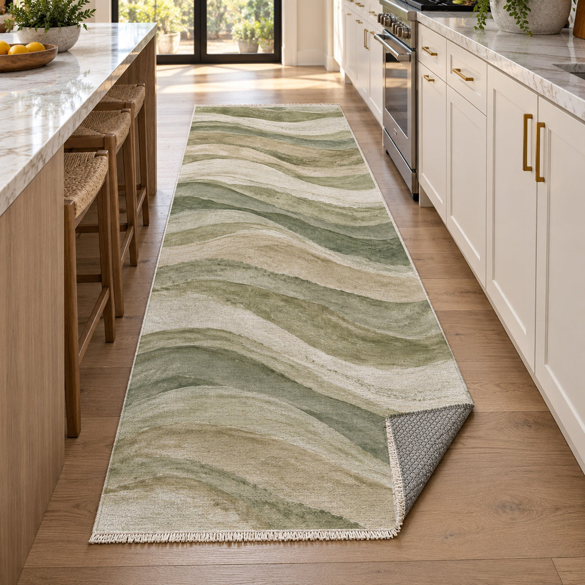 Sandstone Bands Sage Abstract Washable Rug — new york kitchen runner
