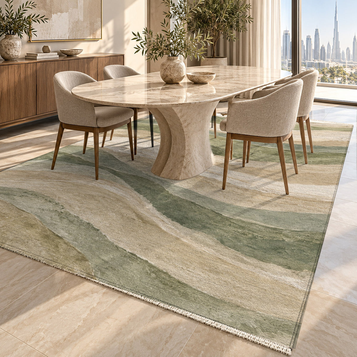 Sandstone Bands Sage Abstract Washable Rug — dubai dining
