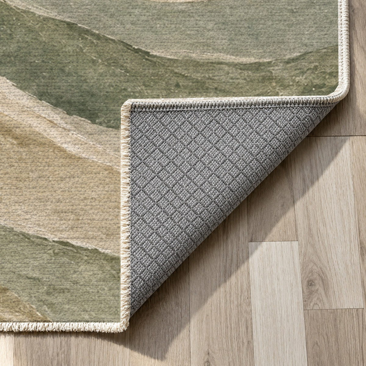 Sandstone Bands Sage Abstract Washable Rug — backing close up