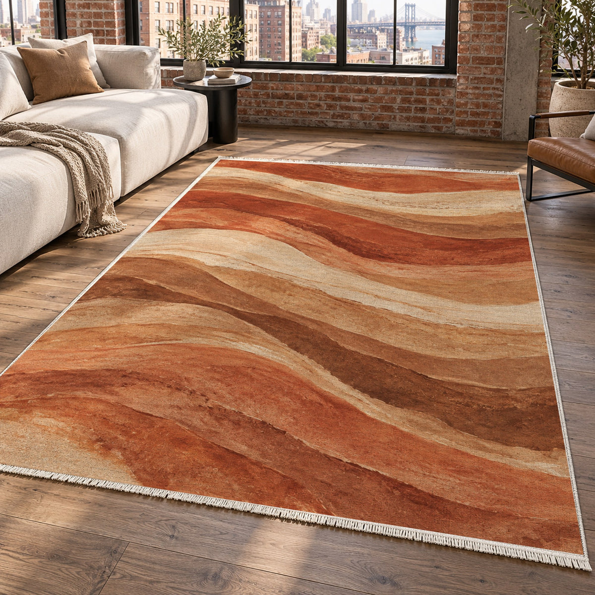 Sandstone Bands Terracotta Abstract Washable Rug — new york living