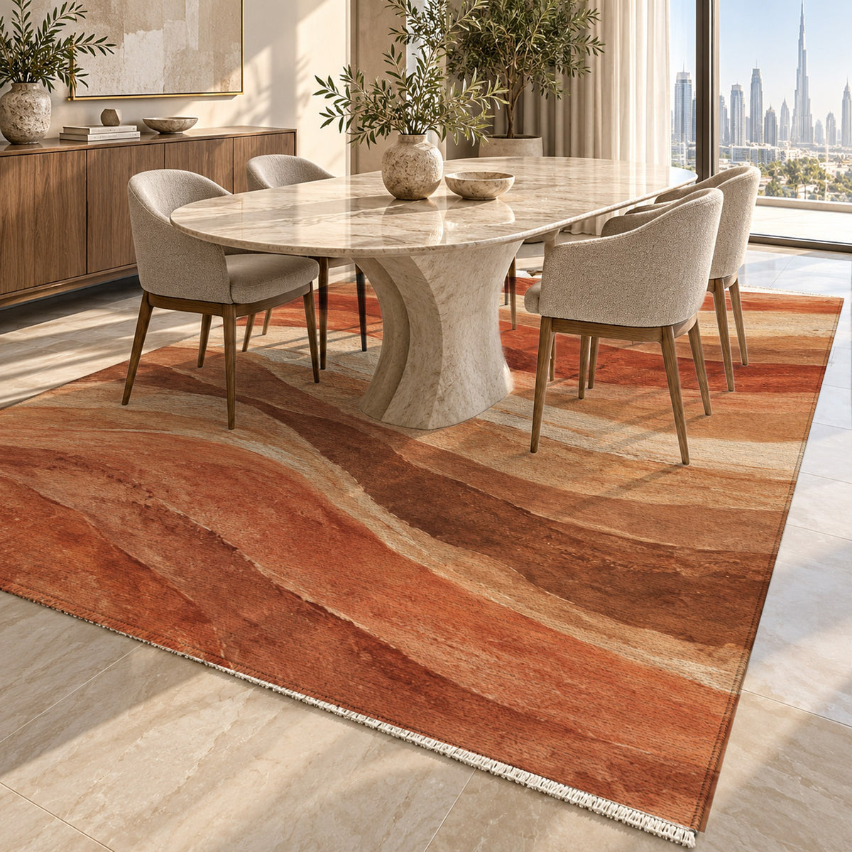Sandstone Bands Terracotta Abstract Washable Rug — dubai dining