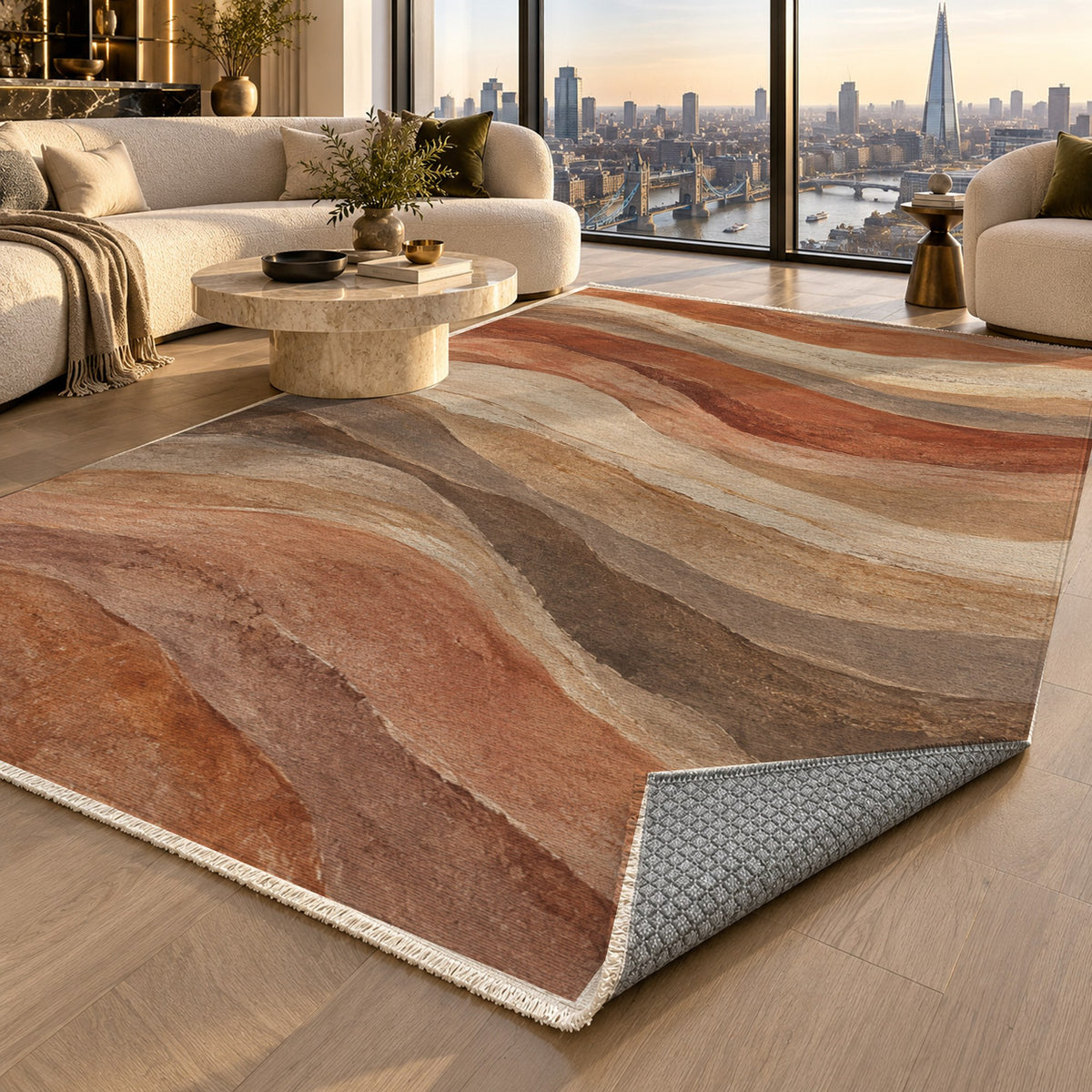 Sandstone Bands Abstract Washable Rug — london luxury living