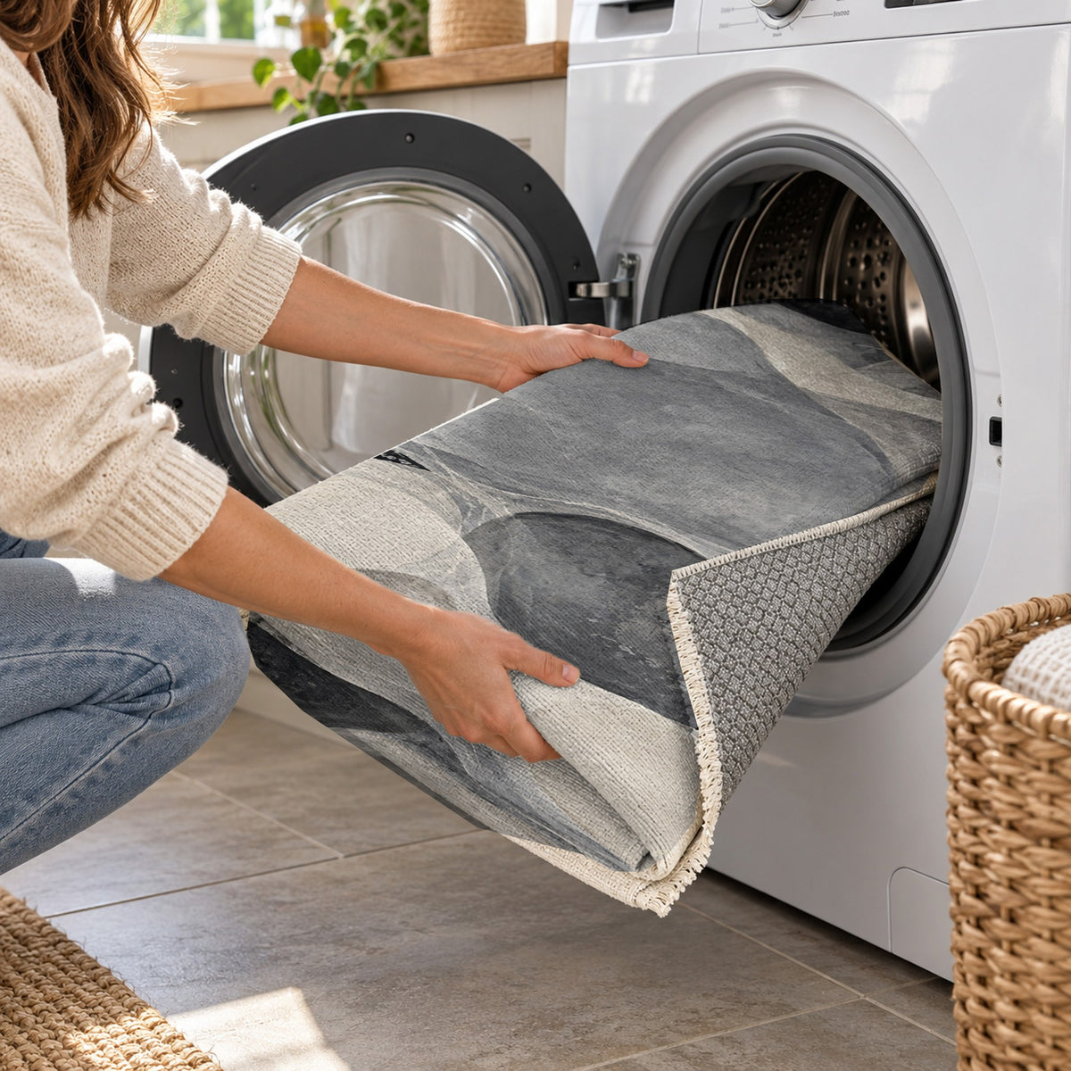 Sea Glass Charcoal Abstract Washable Rug — washing machine