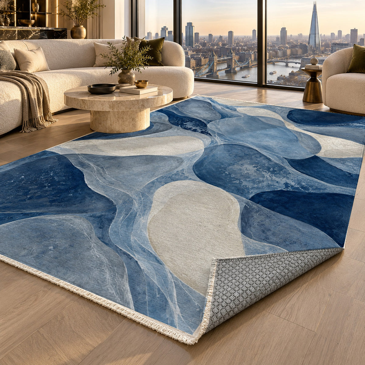 Sea Glass Indigo Abstract Washable Rug — london luxury living