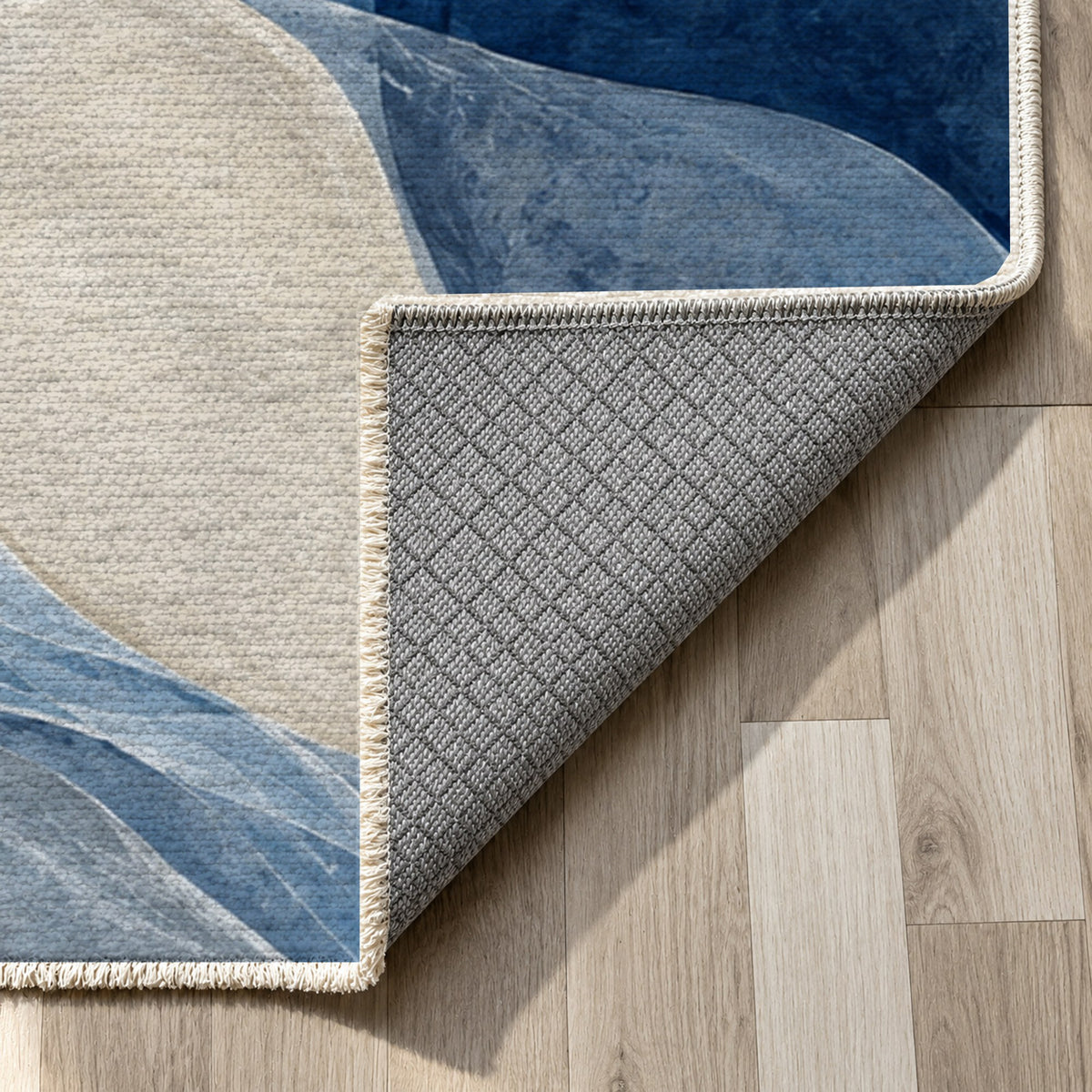 Sea Glass Indigo Abstract Washable Rug — backing close up