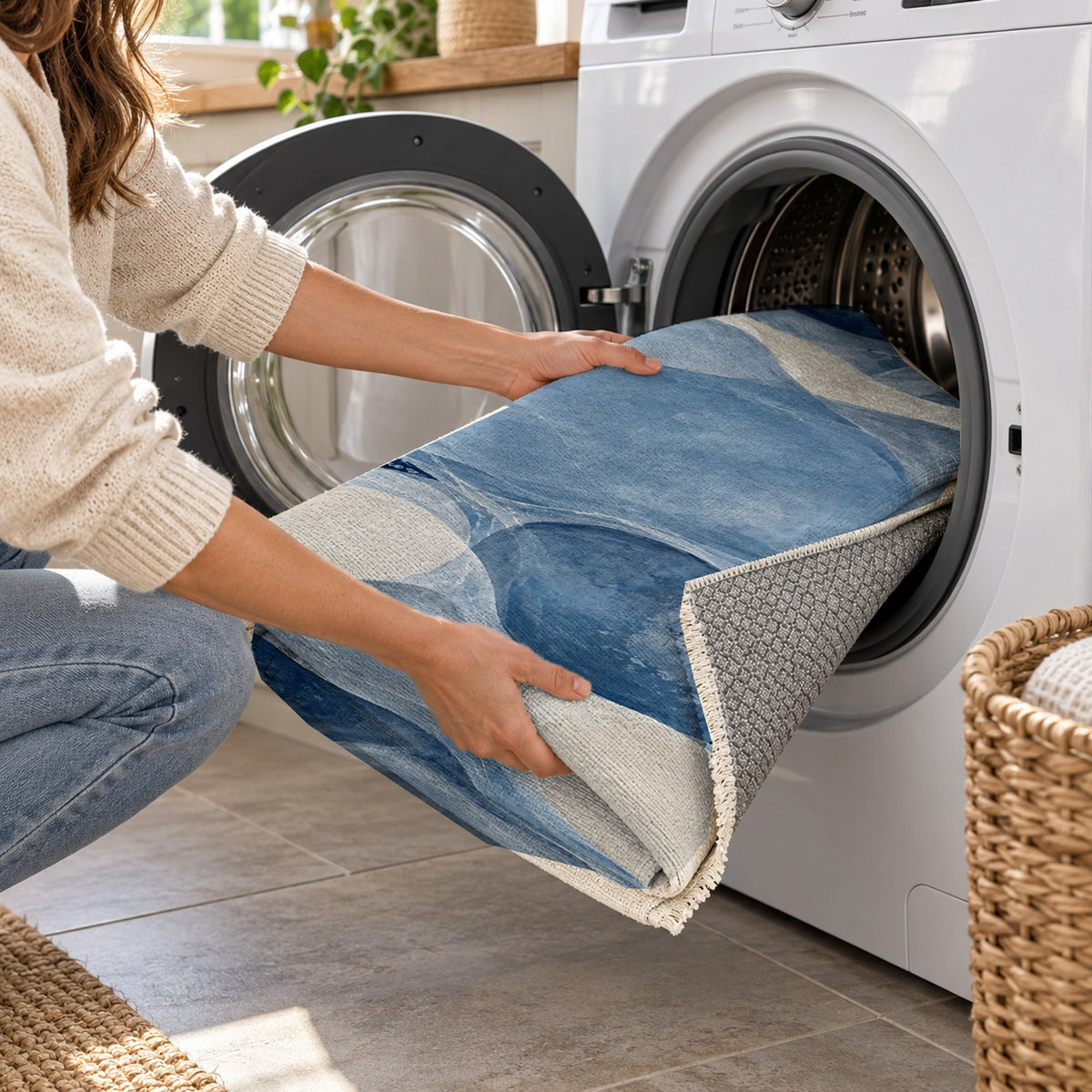 Sea Glass Indigo Abstract Washable Rug — washing machine