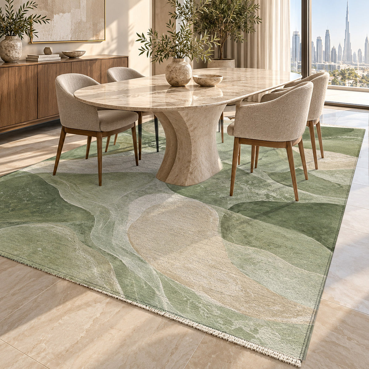 Sea Glass Sage Abstract Washable Rug — dubai dining