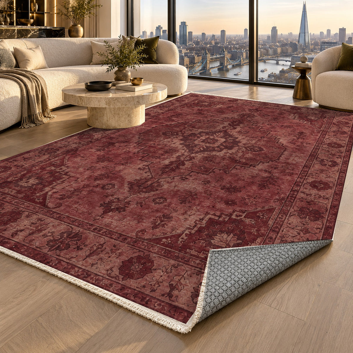 Serapi Patina Burgundy Red Vintage Washable Rug — london luxury living
