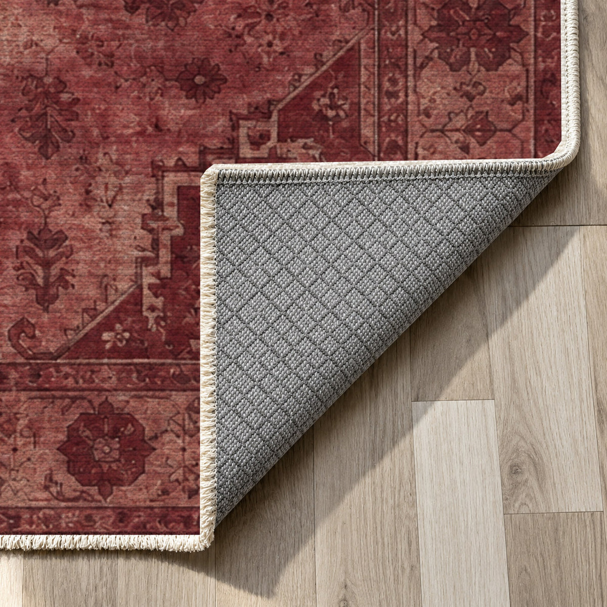 Serapi Patina Burgundy Red Vintage Washable Rug — backing close up