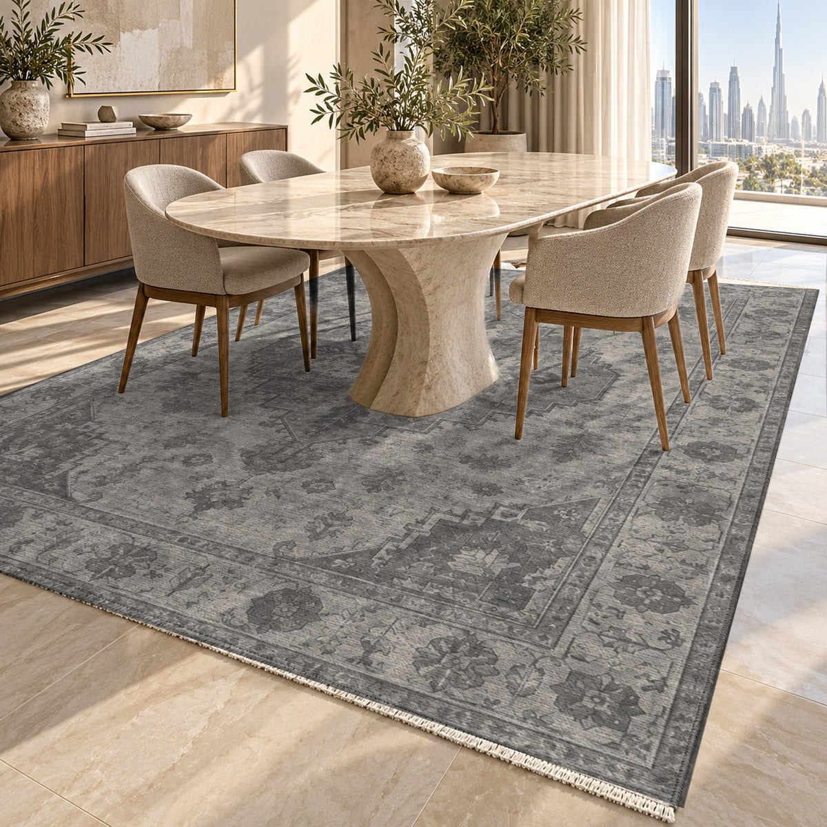 Serapi Patina Charcoal Silver Vintage Washable Rug — dubai dining