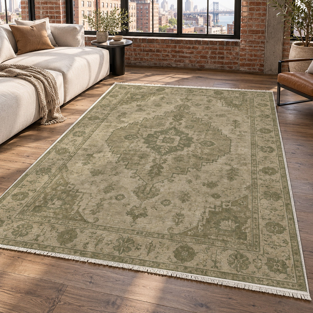 Serapi Patina Olive Green Vintage Washable Rug — new york living