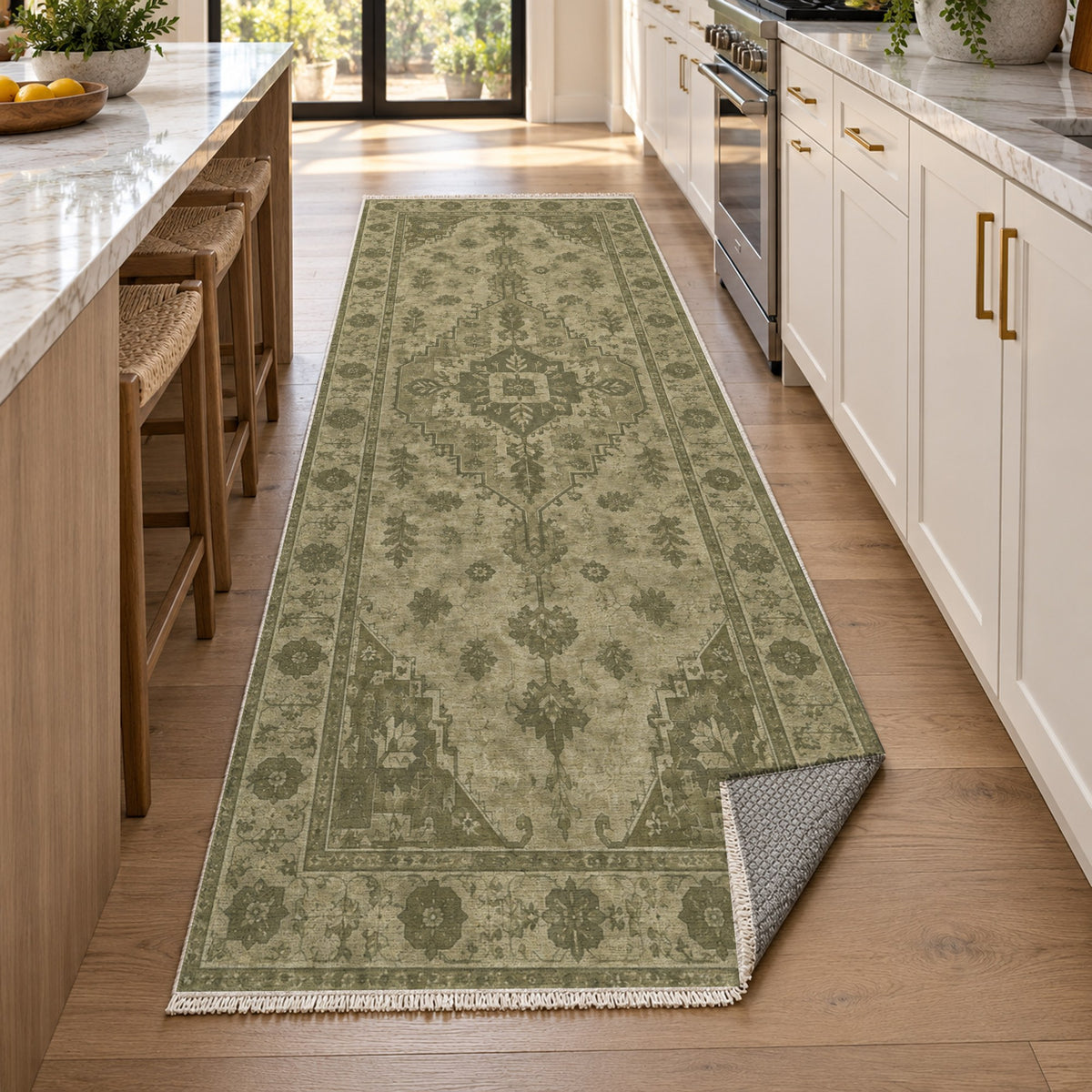 Serapi Patina Olive Green Vintage Washable Rug — new york kitchen runner