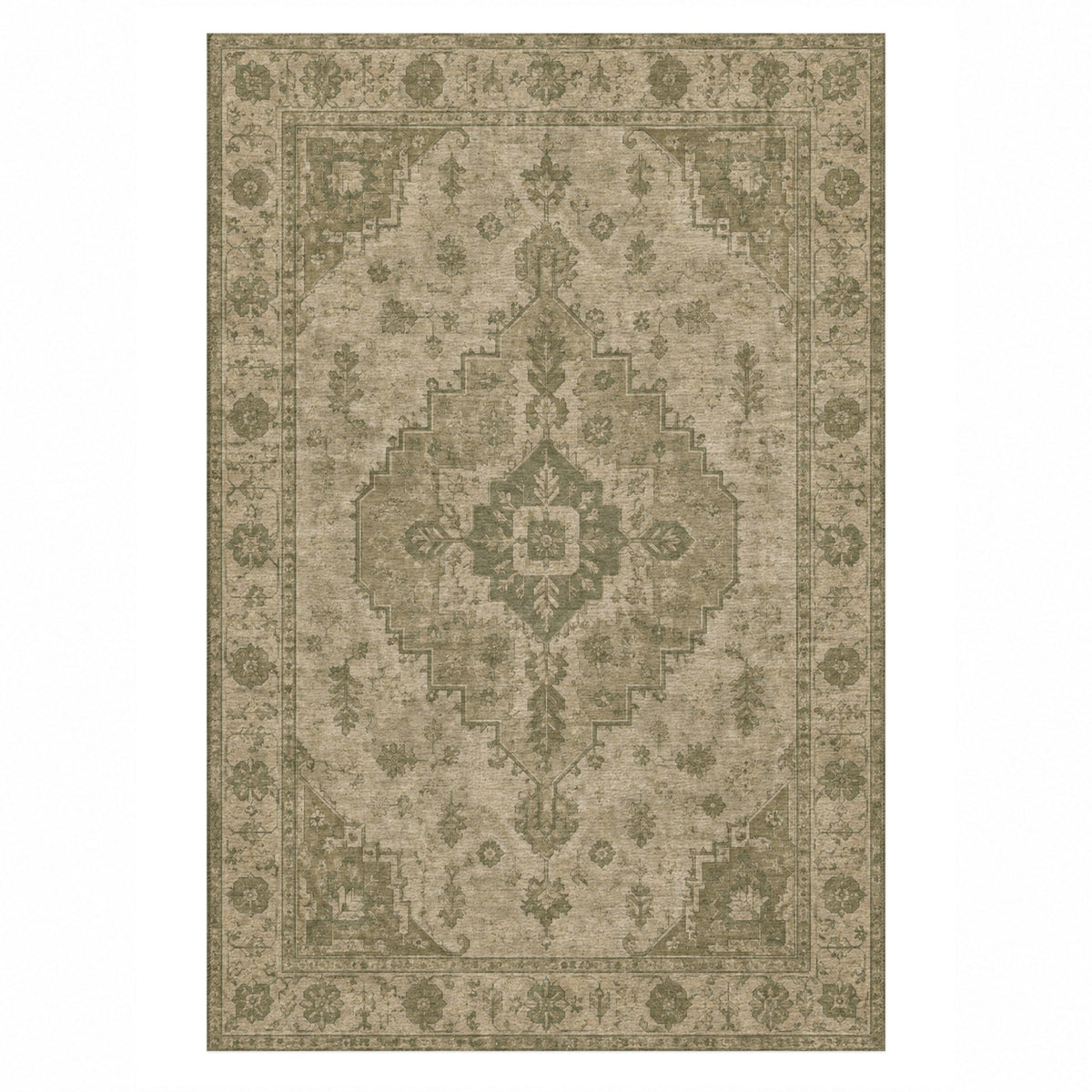 Serapi Patina Olive Green Vintage Washable Rug — top view