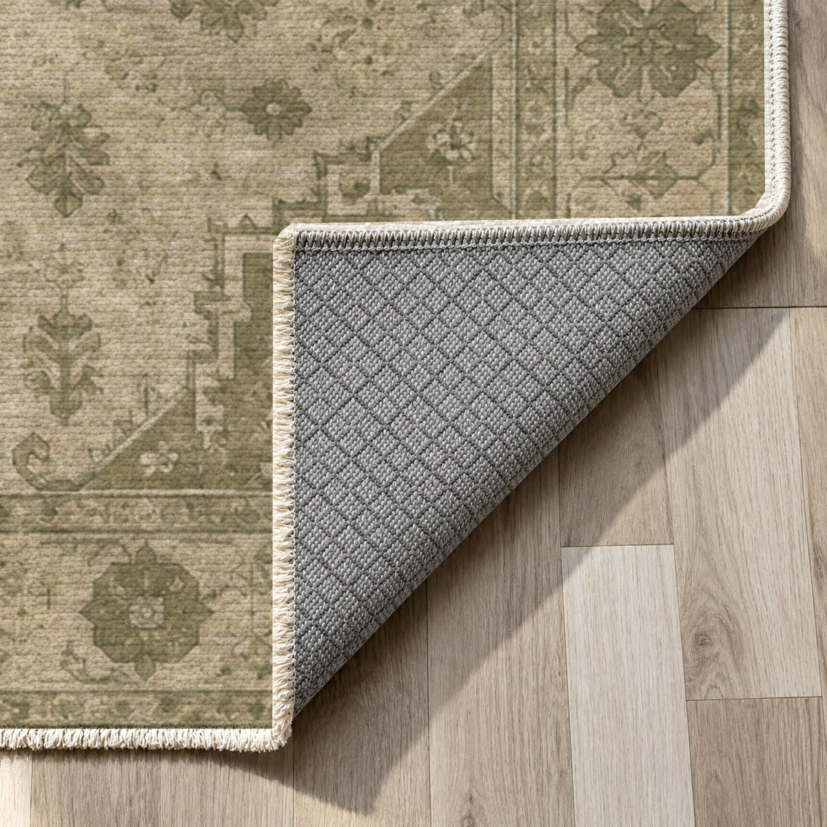 Serapi Patina Olive Green Vintage Washable Rug — backing close up
