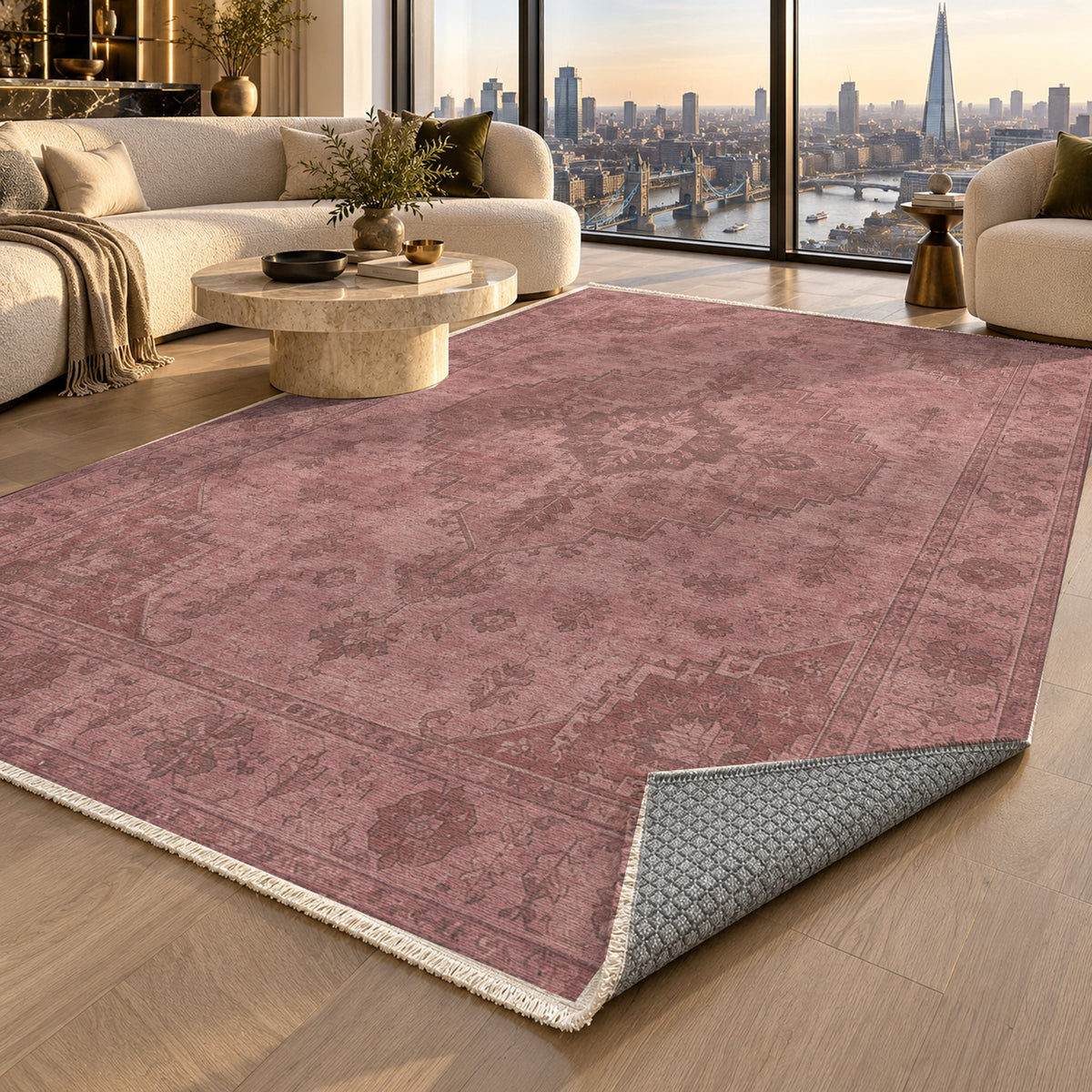 Serapi Patina Rose Pink Vintage Washable Rug — london luxury living