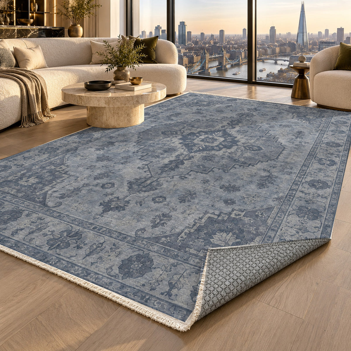 Serapi Patina Slate Blue Vintage Washable Rug — london luxury living