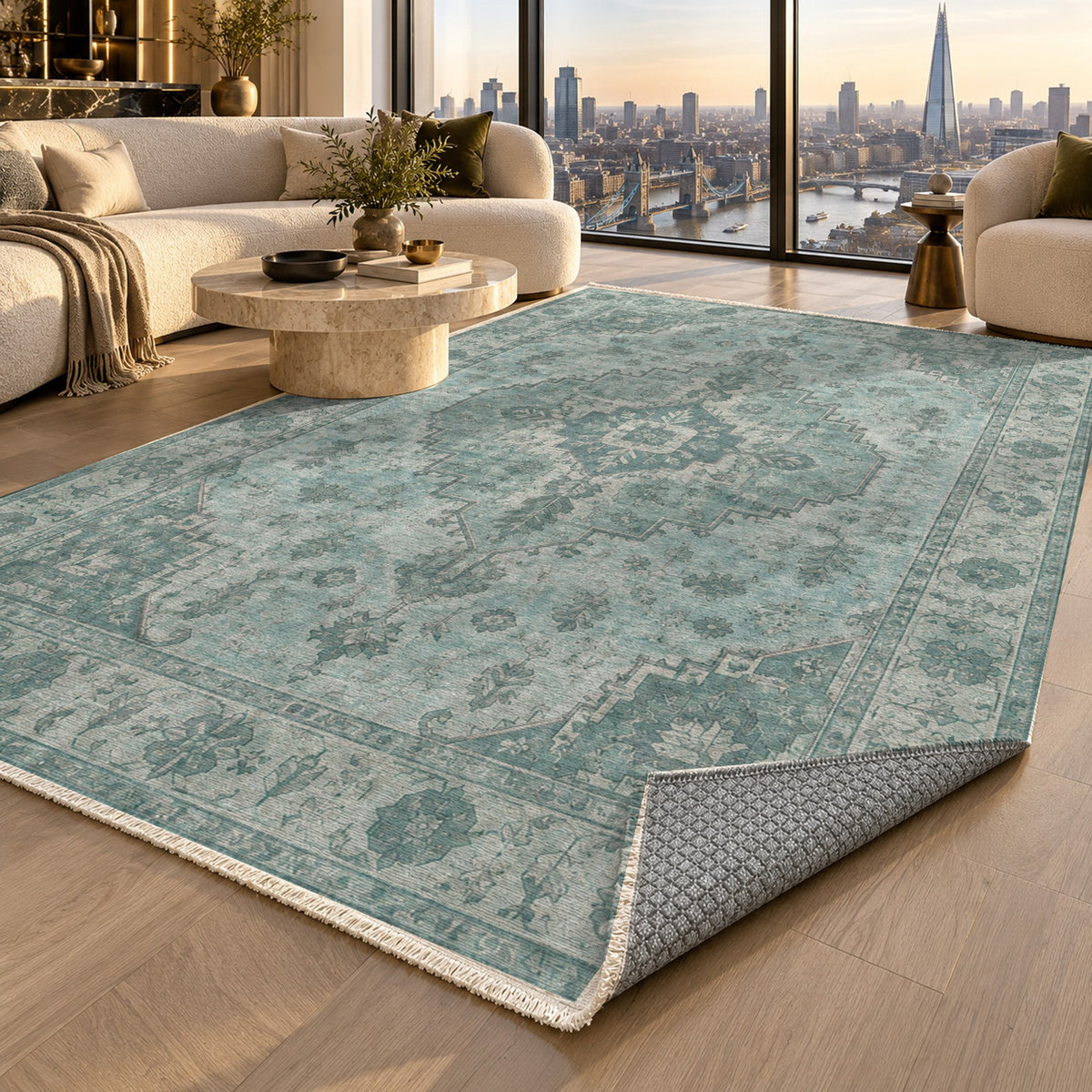 Serapi Patina Turquoise Blue Vintage Washable Rug — london luxury living
