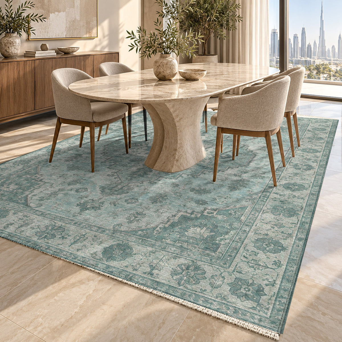 Serapi Patina Turquoise Blue Vintage Washable Rug — dubai dining