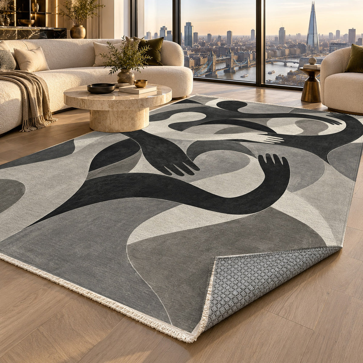 Shared Gestures Charcoal Abstract Washable Rug — london luxury living