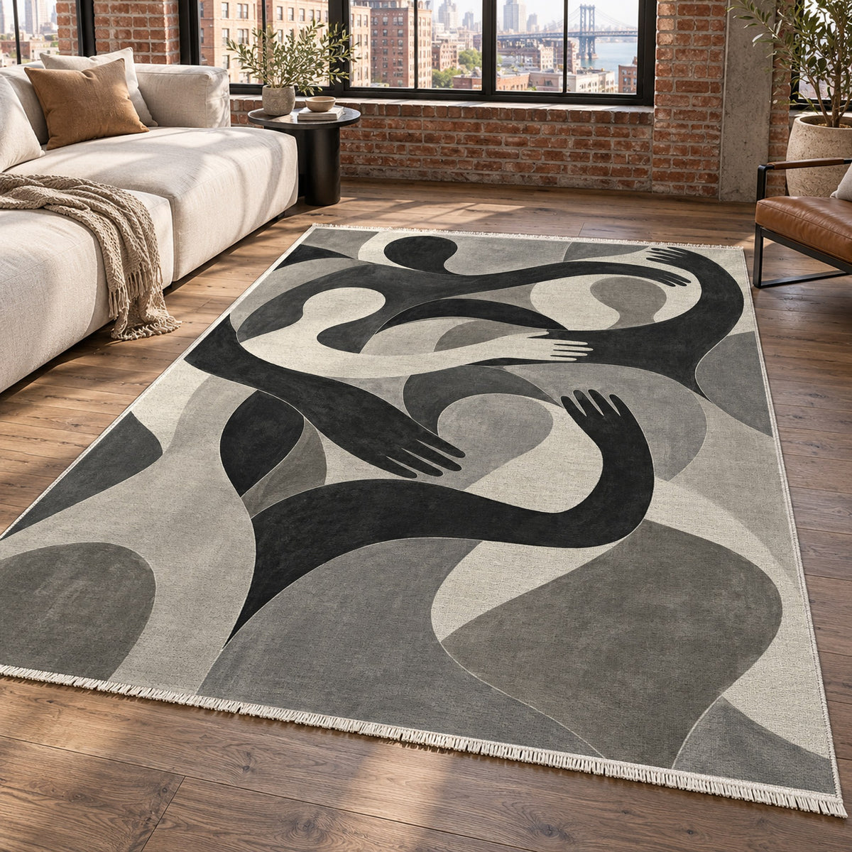 Shared Gestures Charcoal Abstract Washable Rug — new york living