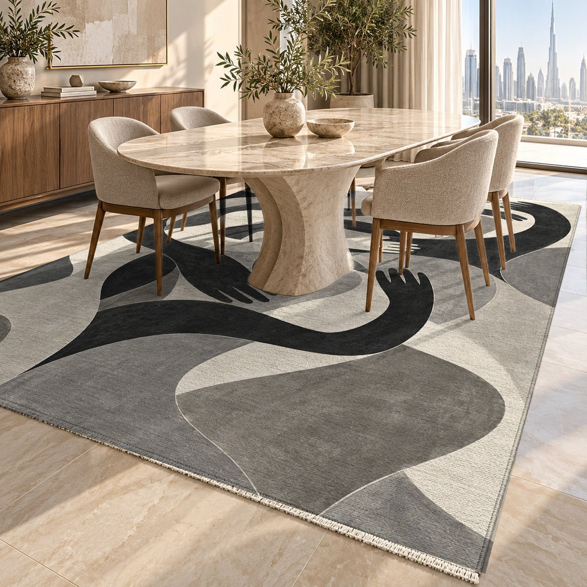 Shared Gestures Charcoal Abstract Washable Rug — dubai dining