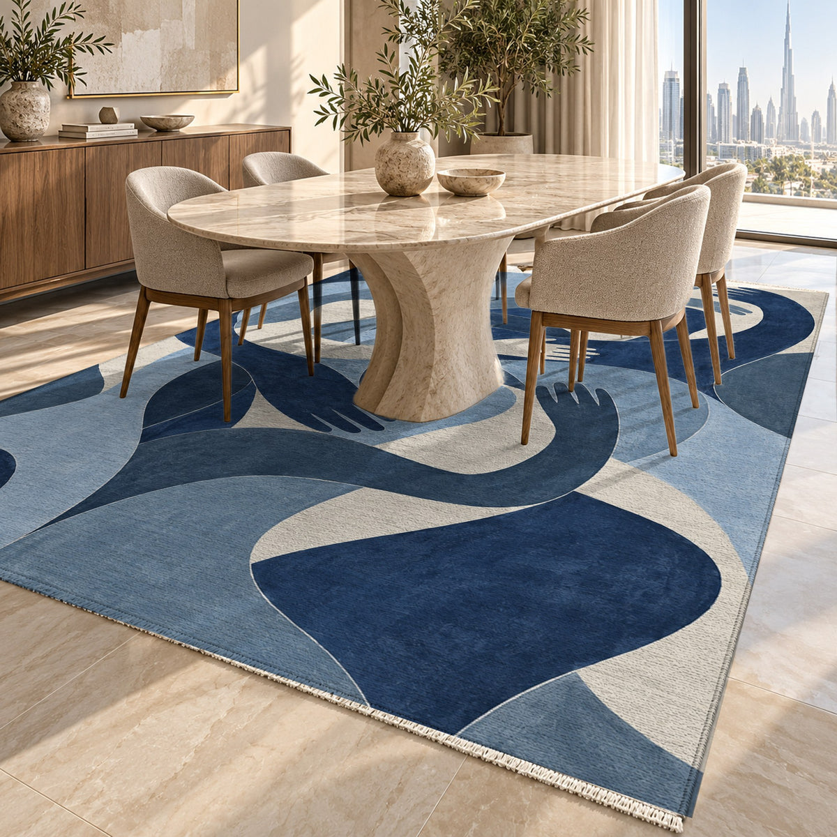 Shared Gestures Indigo Abstract Washable Rug — dubai dining