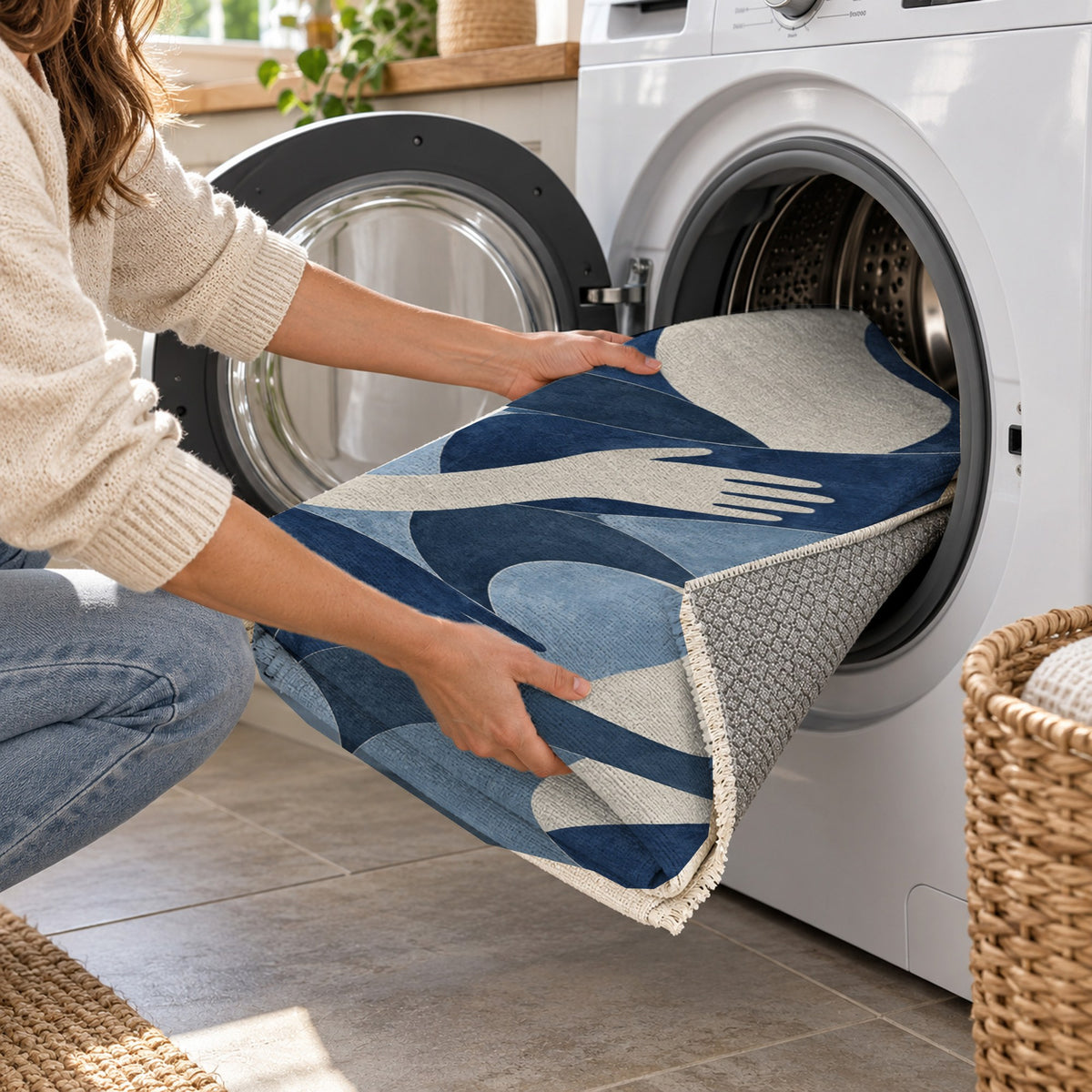 Shared Gestures Indigo Abstract Washable Rug — washing machine